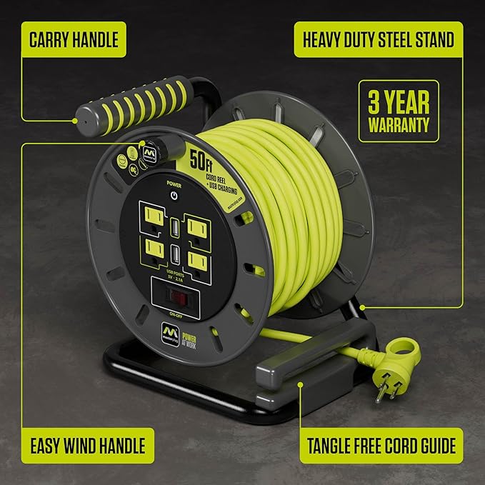 Masterplug 50ft Cord Reel, Retractable Extension Lead - Image 3