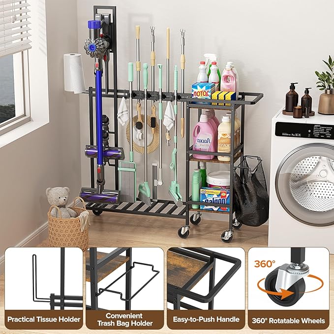 Housolution Cleaning Utility Cart on Wheels, Vacuum Stand Compatible - Image 6
