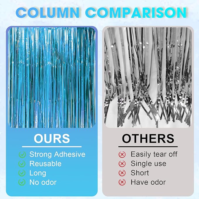 3 Pack 3.3 x 8.2 ft Retro Blue Foil Fringe Backdrop Curtains, Tinsel Streamers - Image 3