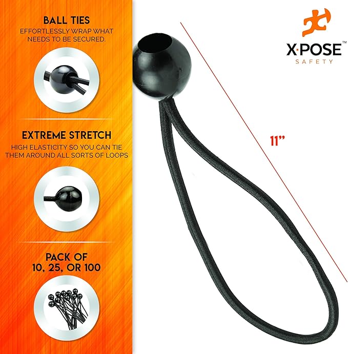 Xpose Safety Bungee Ball Cords 11" 25 Pack Heavy Duty Black Stretch Rope - Image 2