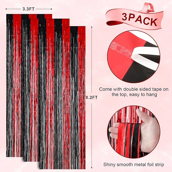 3 Pack 3.3x8.2 Feet Red and Black Foil Fringe Backdrop Curtains, Tinsel - Image 3