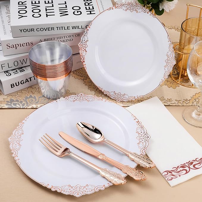 350PCS Rose Gold Plastic Plates - Image 5