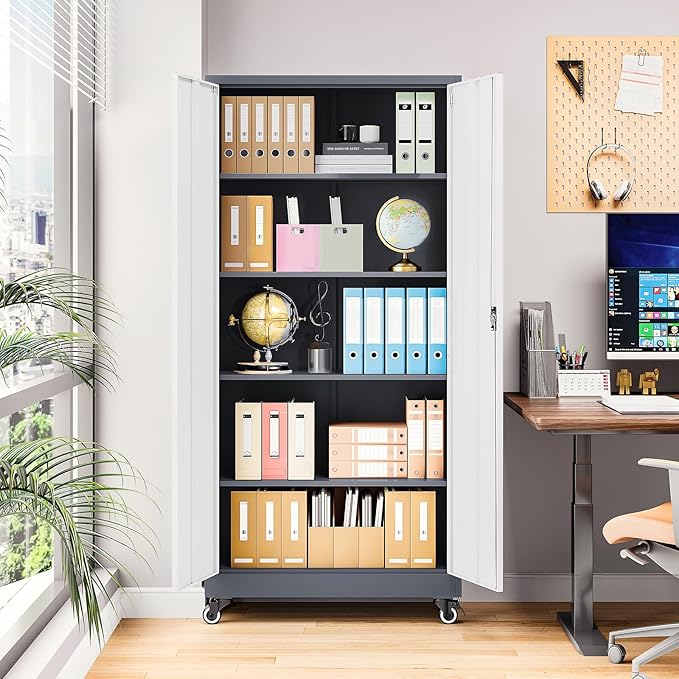 Metal Storage Cabinet with Wheels, Tall Garage Storage Cabinet with 4 - Image 7