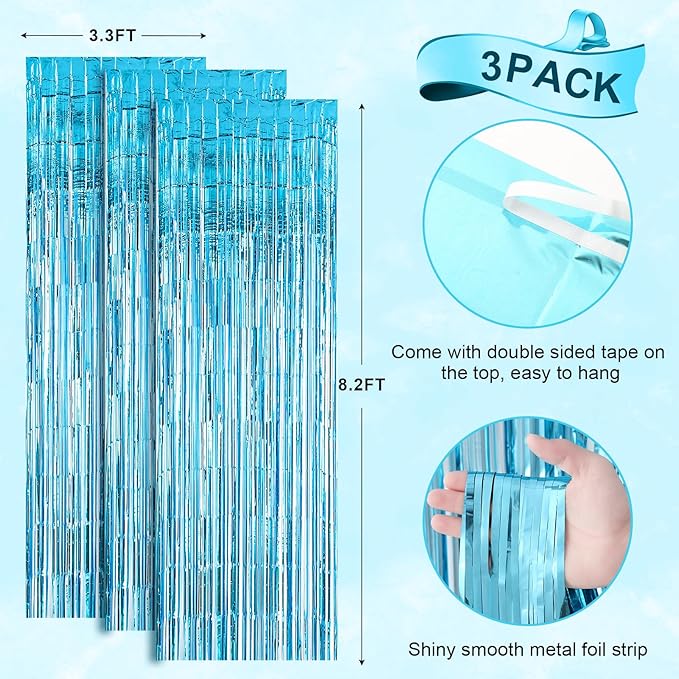 3 Pack 3.3x8.2 Feet Light Blue Foil Fringe Backdrop Curtains, Tinsel Streamers - Image 3