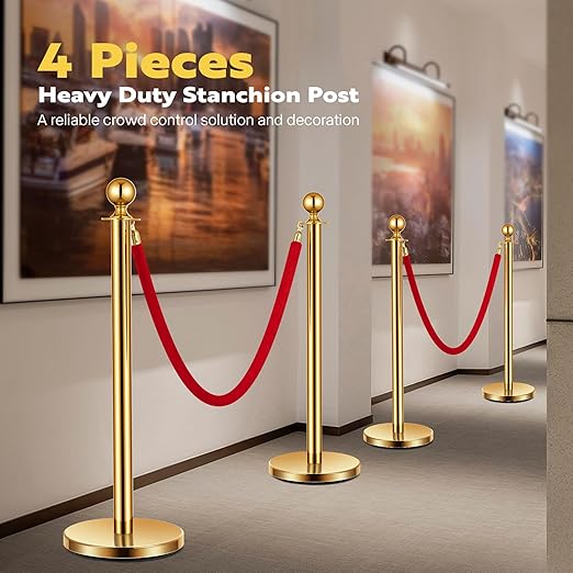 VIVOHOME Stainless Steel Stanchion Post Queue 4PCS Pole w/ 2 Red Velvet Ropes - Image 2