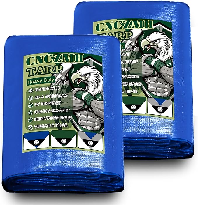 Tarp Heavy Duty Waterproof 4x6 Feet 2 Pack, 10 Mil Thick Blue Poly Tarps Outdoor by CNCZMH