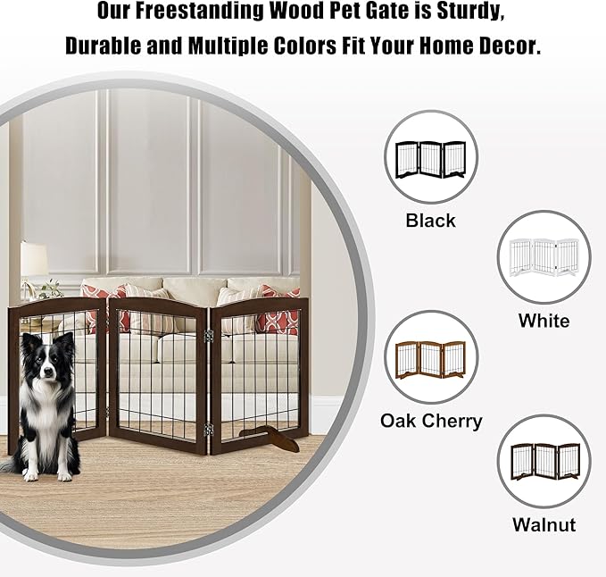 LZRS 3-Panel Freestanding Adjustable Wooden Dog Gate—30" Tall Foldable Pet - Image 4