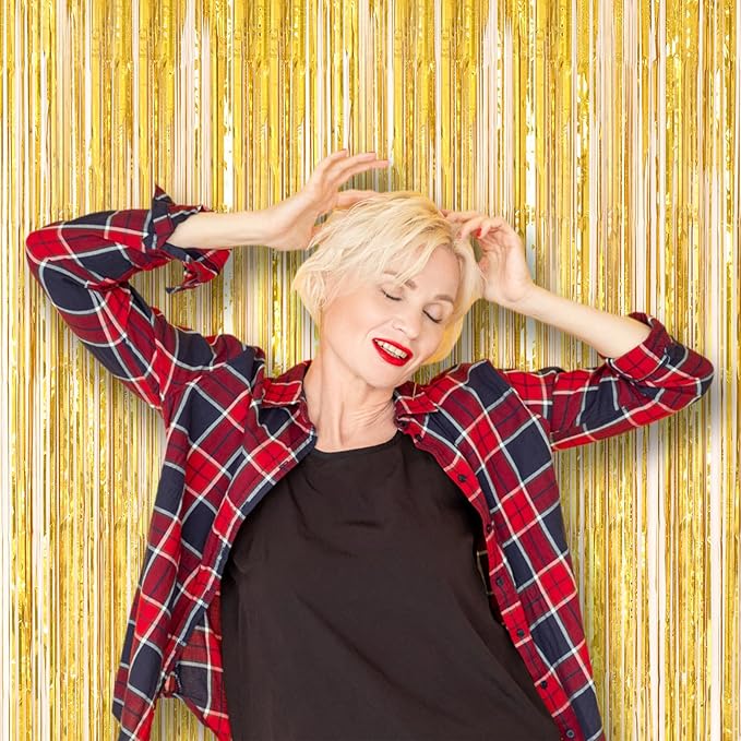 3 Pack 3.3 x 8.2 ft Laser Gold Foil Fringe Backdrop Curtains, Tinsel Streamers - Image 7