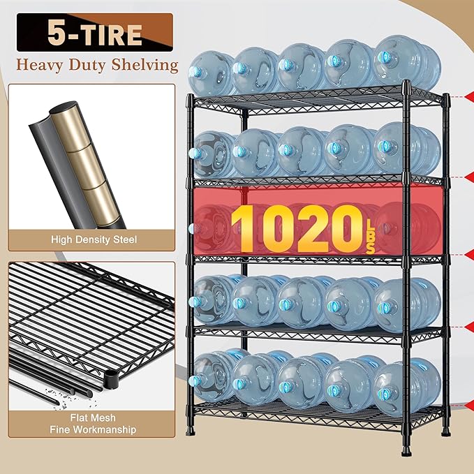 REIBII 5-Tier Wire Shelving Rack Storage Shelves Metal Shelves, 1020 LBS - Image 5