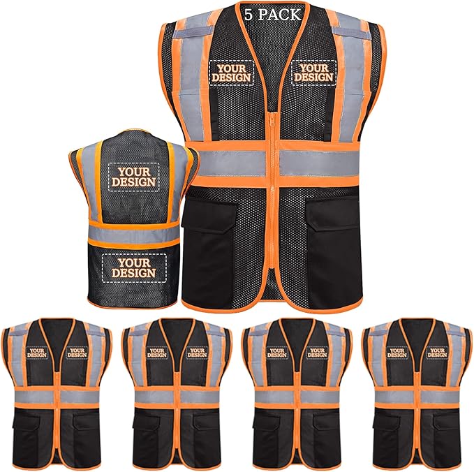 Custom Safety Vest with Logo Pockets High Visibility Reflective Vests by CustomTok