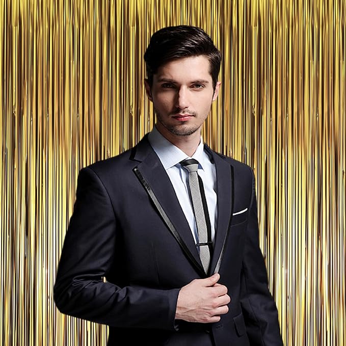 3 Pack 3.3 x 8.2 ft Matte Gold Foil Fringe Backdrop Curtains, Tinsel Streamers - Image 6