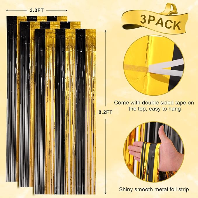 3 Pack 3.3x8.2 Feet Black and Gold Foil Fringe Backdrop Curtains, Tinsel - Image 3