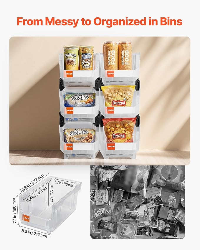 VEVOR Plastic Stackable Storage Bins, 14.8 x 8.5 x 7.1 inch, Plastic Containers - Image 2