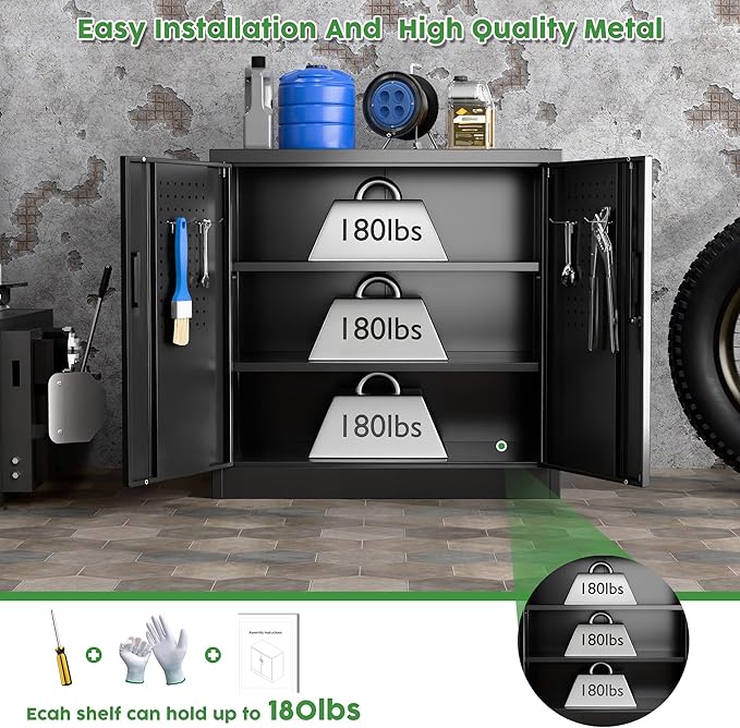 Metal Storage Cabinet with Lock, Lockable Metal Garage Cabinet with Pegboards - Image 6