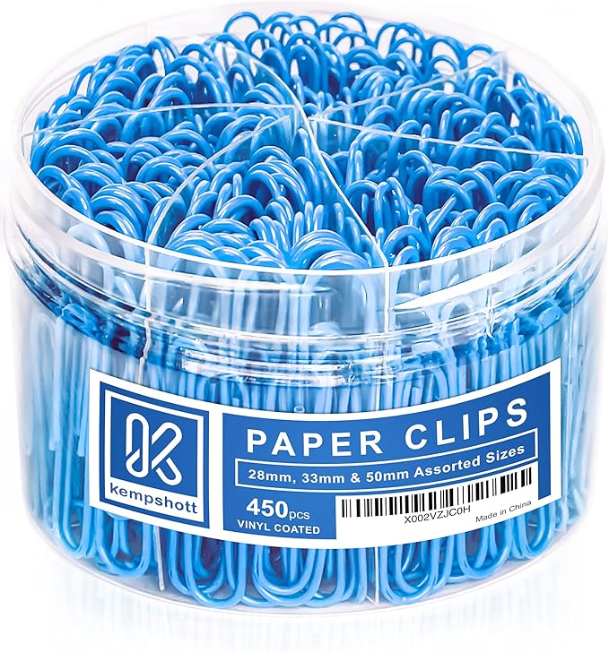 450 Blue Color Paper Clips Assorted Sizes Small, Medium and Large Paper Clips by Kempshott%C2%AE