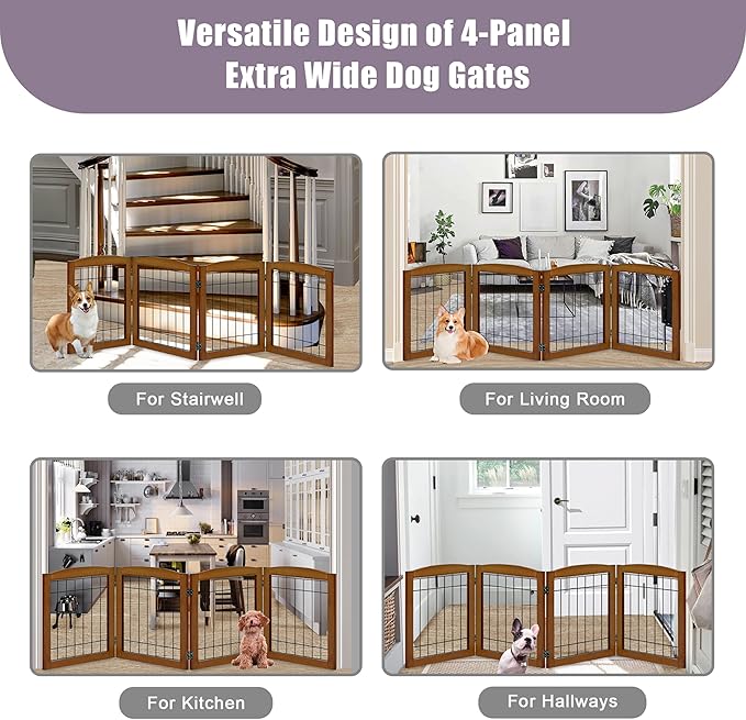 LZRS 4-Panel Extra-Wide Wooden Freestanding Dog Gate: Foldable Solid Wood and - Image 6