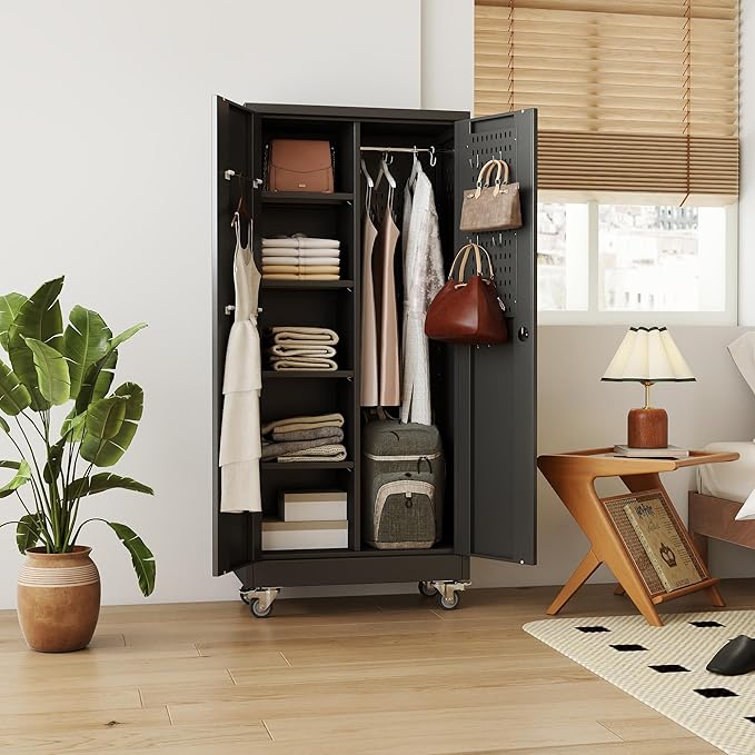 Garage Storage Cabinet with Wheels and 5 Pegboard, Broom Closet Storage Cabinet - Image 8