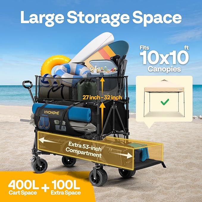 VIVOHOME 500L Large Capacity Double Decker Collapsible Wagon 500lbs Heavy Duty - Image 2