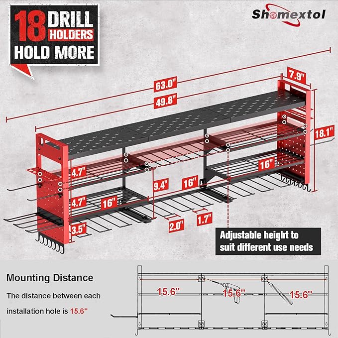 49.8" W Super Large Power Tool Organizer Wall Mount, 4-Layer Heavy Duty Tool - Image 2
