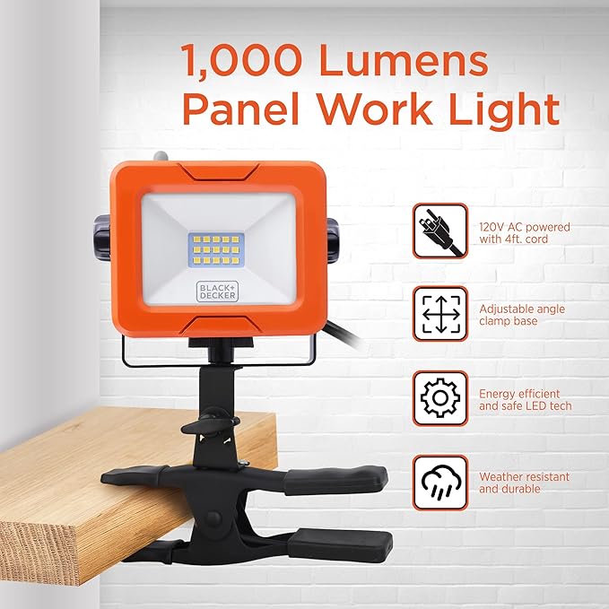BLACK+DECKER LED Clamp Work Light, 1000 Lumens Indoor & Outdoor IP65 Waterproof - Image 2