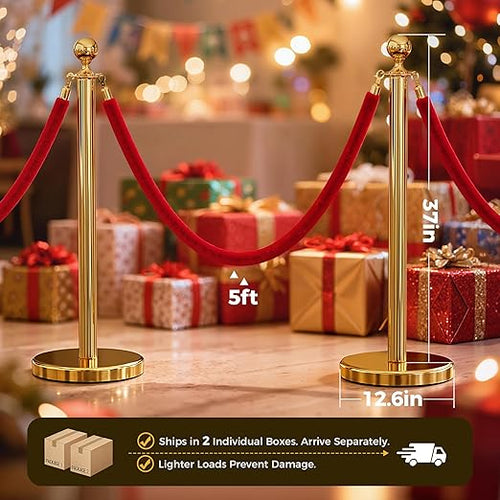 16pcs Sturdy Gold Stanchion Posts and 16pcs High Quality Red Carpet Velvet Ropes - Image 2