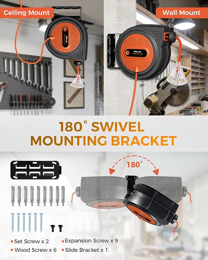40 FT Retractable Extension Cord Reel, Heavy Duty Power Cord, 12AWG/3C SJTOW - Image 3