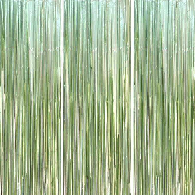 3 Pack 3.3 x 8.2 ft Sage Green Foil Fringe Backdrop Curtains, Tinsel Streamers by Voircoloria