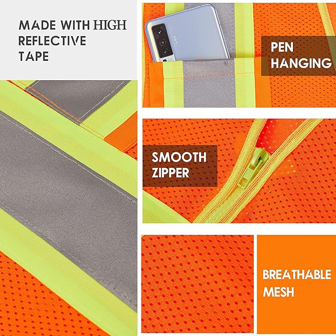Custom Safety Vest with Logo Pockets High Visibility Reflective Vests - Image 5