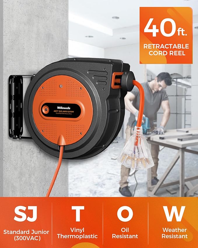 40 FT Retractable Extension Cord Reel, Heavy Duty Power Cord, 12AWG/3C SJTOW - Image 2