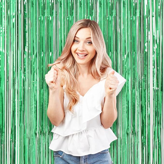 3 Pack 3.3 x 8.2 ft Laser Green Foil Fringe Backdrop Curtains, Tinsel Streamers - Image 7