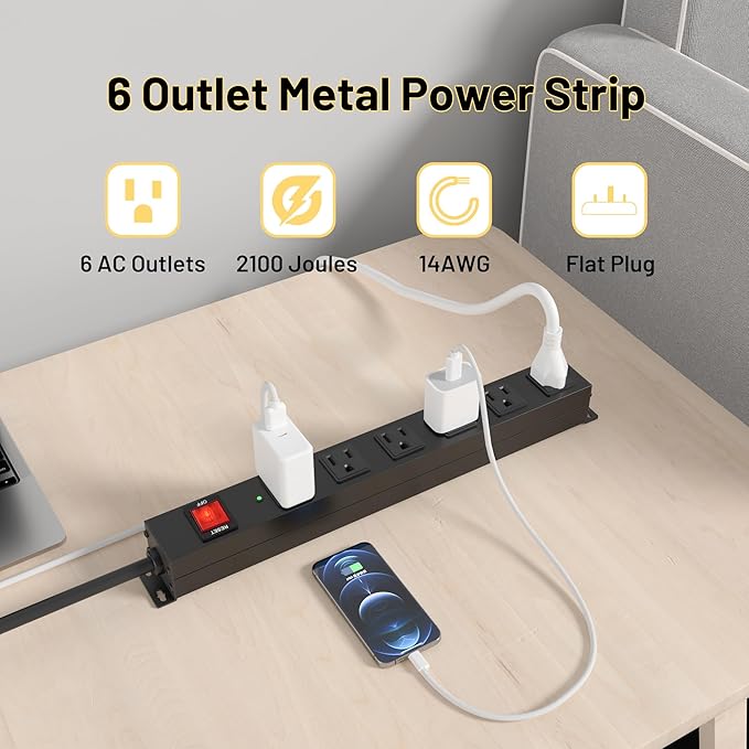 KF Matel 6 Outlet Power Strip Surge Protection 2100J, Heavy Duty Wide Space - Image 4