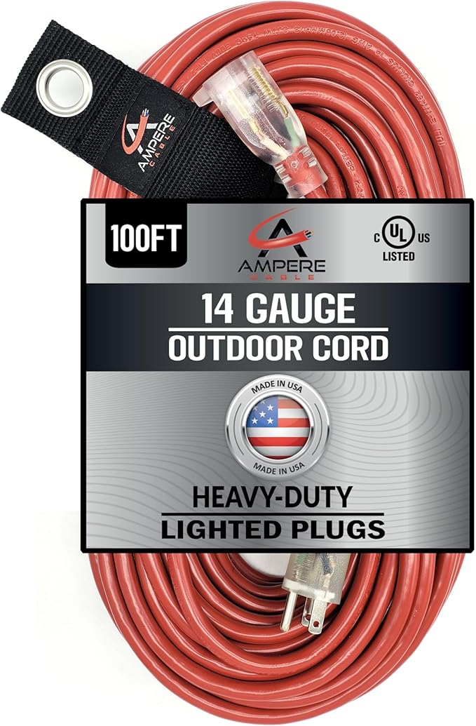 100 ft - 14 Gauge Extension Cord Outdoor - Made in USA - Lighted on Both Ends - by AnthemCable