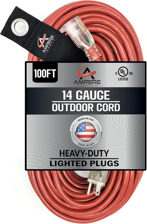 100 ft - 14 Gauge Extension Cord Outdoor - Made in USA - Lighted on Both Ends - by AnthemCable
