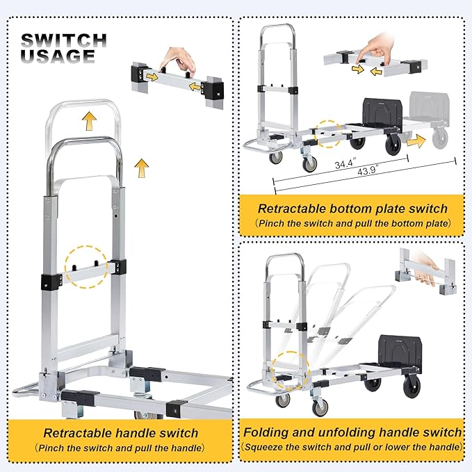 Upgraded 3 in 1 Aluminum Folding Hand Truck, 600lbs Capacity, Heavy Duty - Image 6