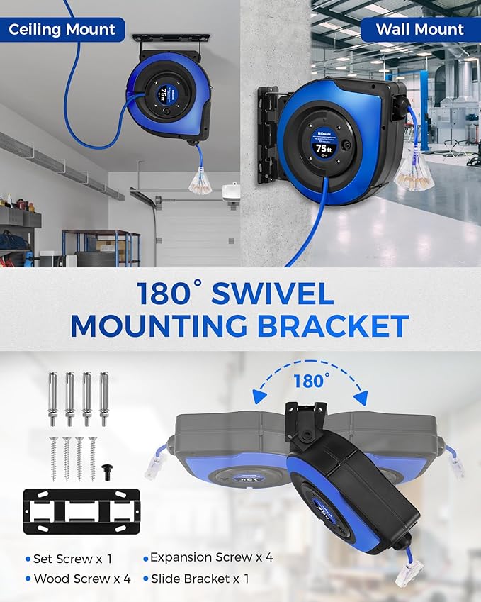 Retractable Cord Reel, 75 FT Heavy Duty Extension Cord, 14AWG/3C SJTOW - Image 3