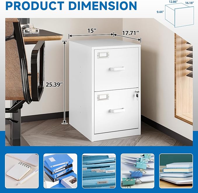 2 Drawer File Cabinet with Lock Vertical Filing Storage Office Home Steel - Image 3