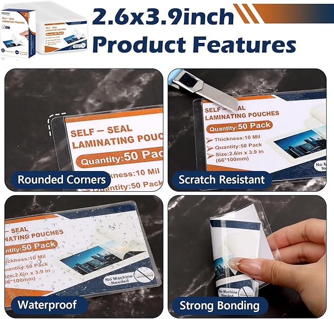 50 Pack 10 Mil 2.6"x3.9" Self Sealing Laminating Pouches Plastic Laminating - Image 3