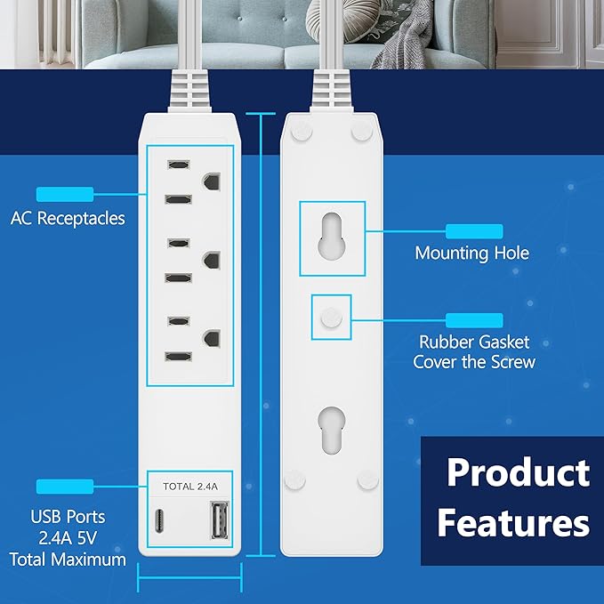 LIDER Outlet Extender with 3 Receptacles, 12W USB Type-A, and USB Type-C - Image 2