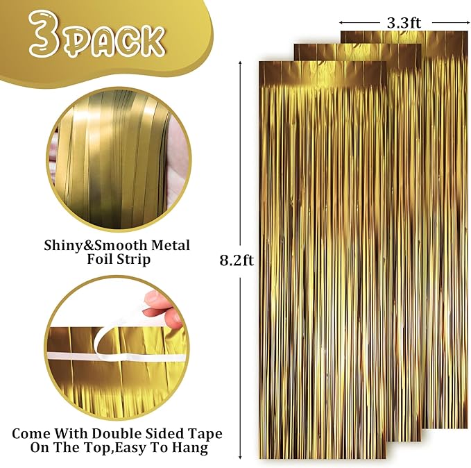 3 Pack 3.3 x 8.2 ft Matte Gold Foil Fringe Backdrop Curtains, Tinsel Streamers - Image 2