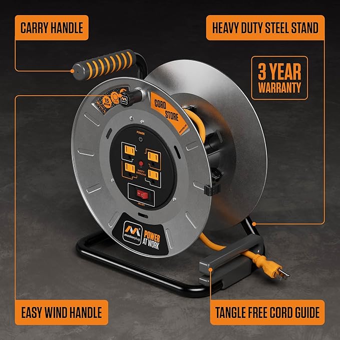 Masterplug 1ft Cord Reel, Metal Cable Drum, Retractable Extension Lead - Image 4