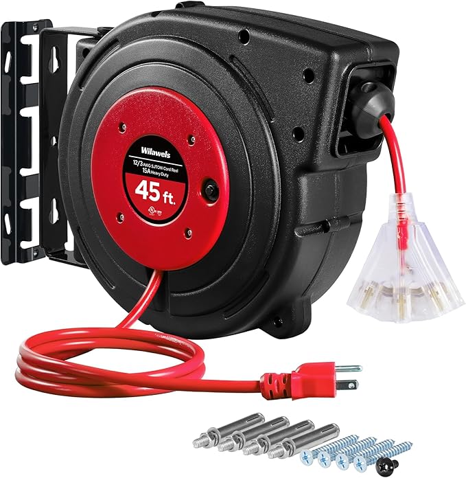 Retractable Extension Cord Reel, 45 FT Heavy Duty Power Cord, 12AWG/3C SJTOW by Wilawels
