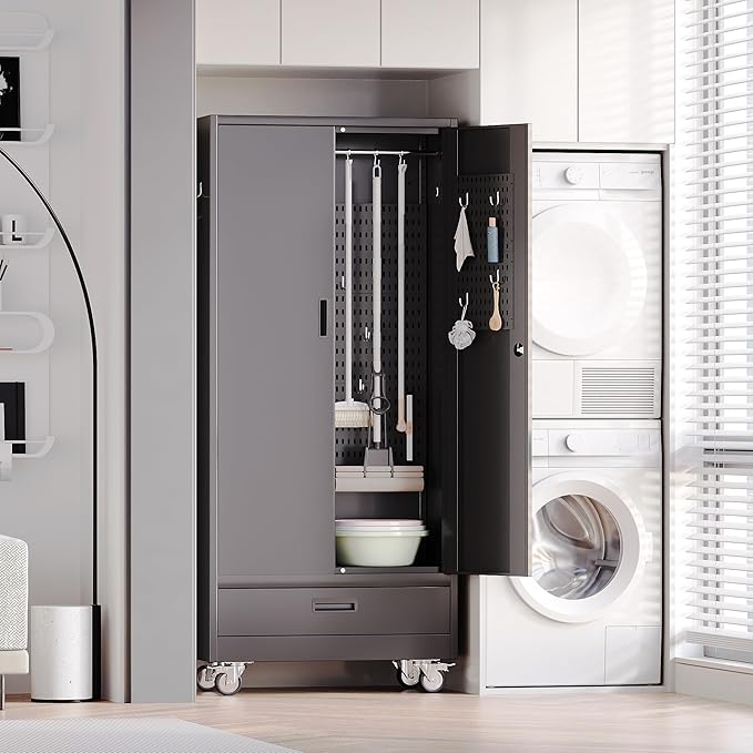 Aobabo Metal Broom Closet Storage Cabinets on Wheels, Steel Mop and Broom - Image 7