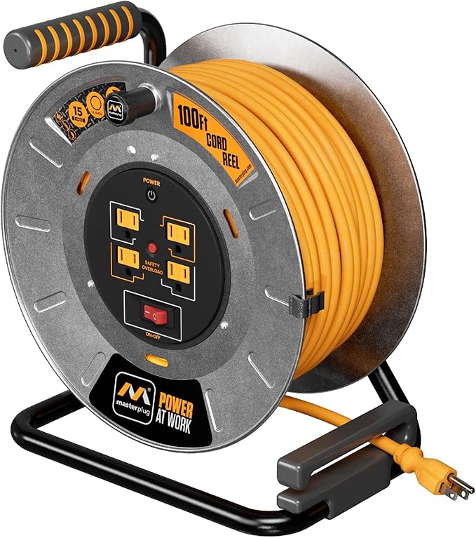 Masterplug 100ft Cord Reel, Metal Cable Drum, Retractable Extension Lead by Masterplug