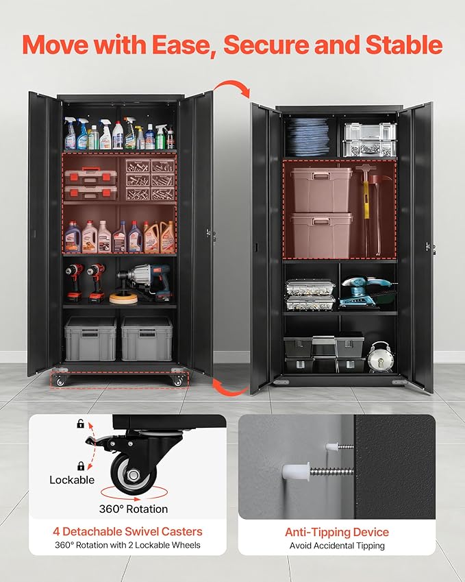 VEVOR Metal Storage Cabinet, 72.6 in Rolling Steel Garage Cabinet - Image 6