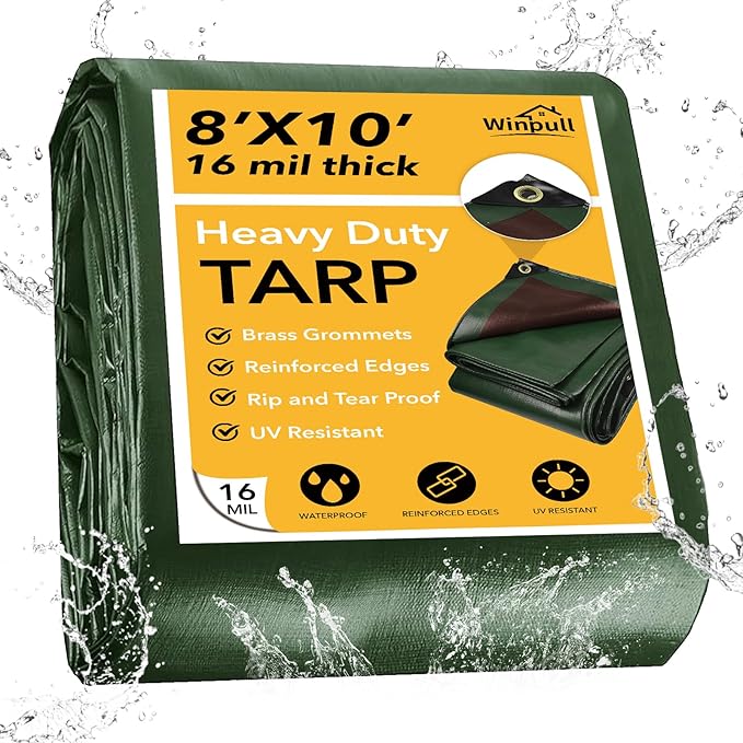 Tarp 8x10 Feet 16 Mil Heavy Duty Waterproof Tarp, Large Multipurpose Cover by Winpull