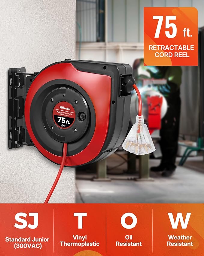 Retractable Extension Cord Reel, 75 FT Heavy Duty Extension Cord, 14AWG/3C SJTOW - Image 3