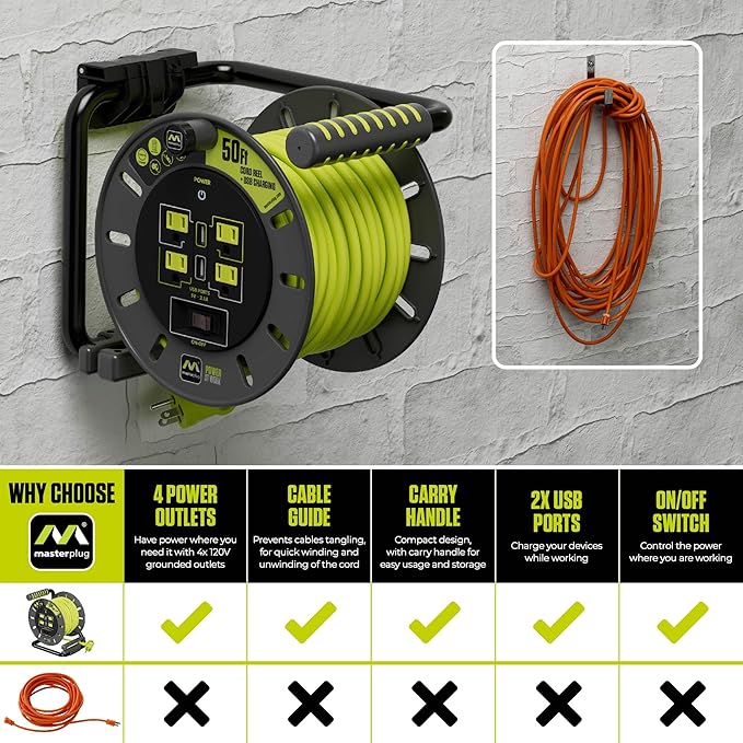 Masterplug 50ft Cord Reel, Retractable Extension Lead - Image 5