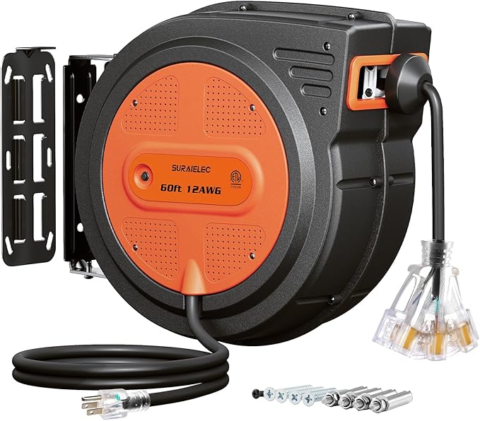 SURAIELEC 12 Gauge Extension Cord Reel, 60 FT Retractable Extension Cord by SURAIELEC