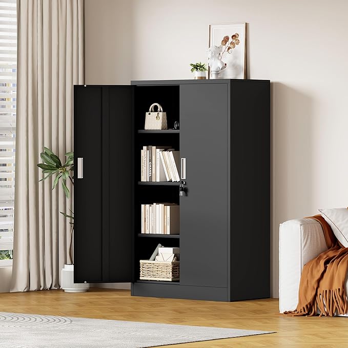 Metal Storage Cabinet with Locking Doors and 3 Adjustable Shelves, Lockable - Image 2