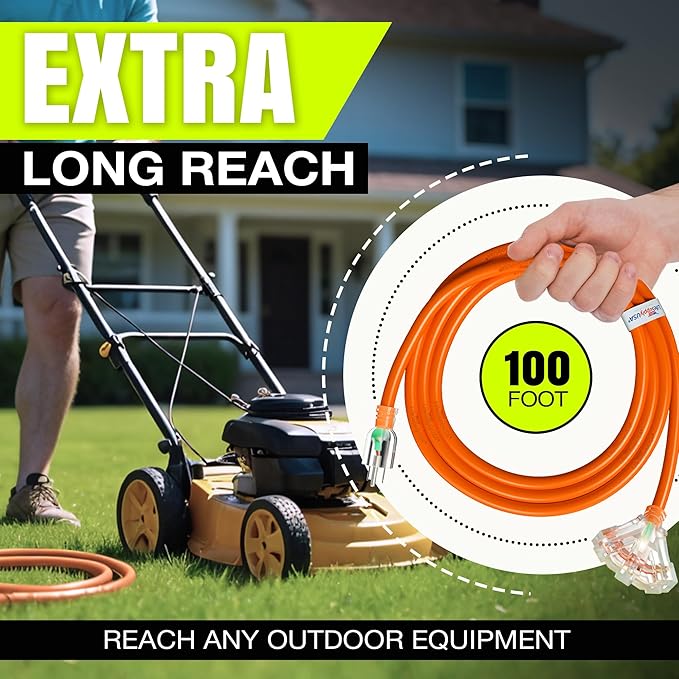 100ft Outdoor/Indoor Extension Cord 3-Outlet 12/3 Gauge Extra Heavy Duty ETL - Image 6